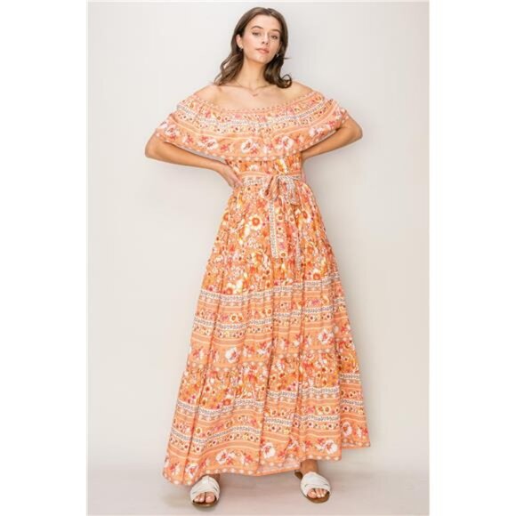 HYFVE Dresses & Skirts - NWT 🌺 HYFVE Floral Off-Shoulder Tie Front Maxi Dress, Apricot, Flowy, Feminine